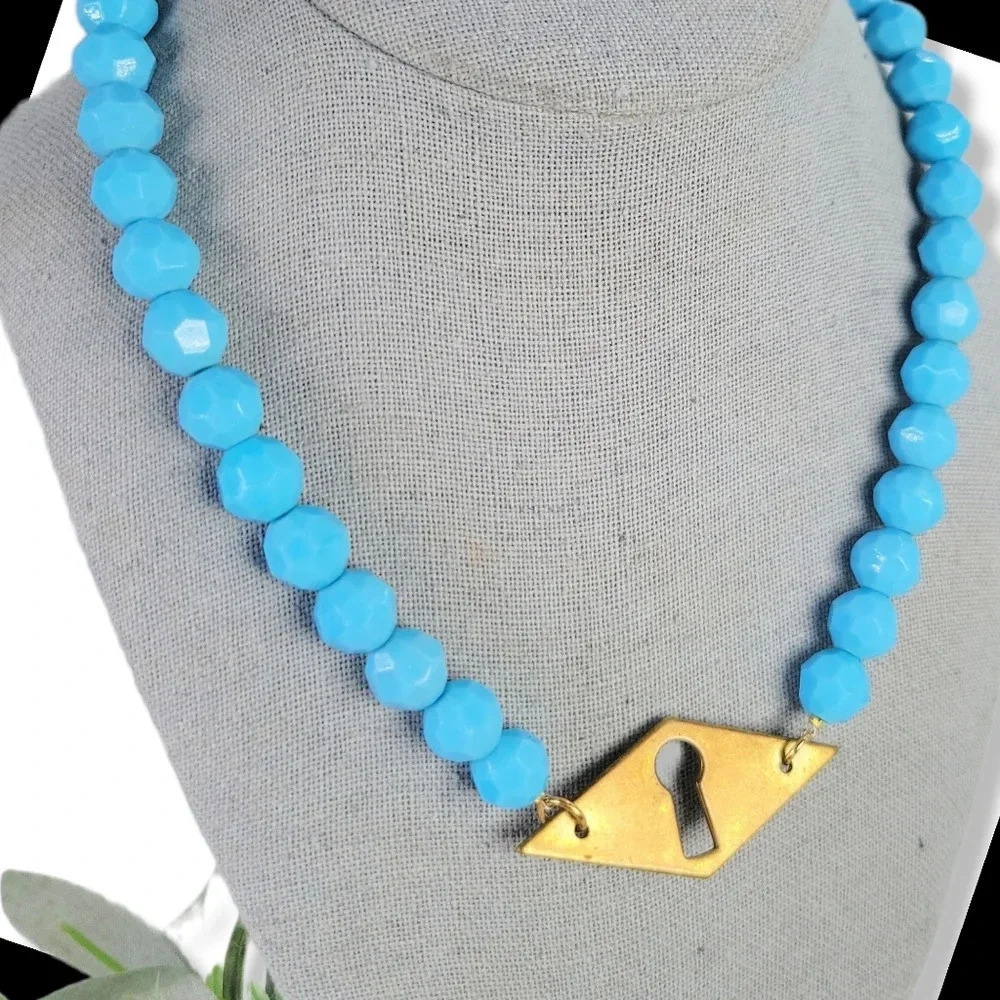 Artisan Keyhole Necklace Opaque Glass Turquoise Beads Brass I Love U Ch…